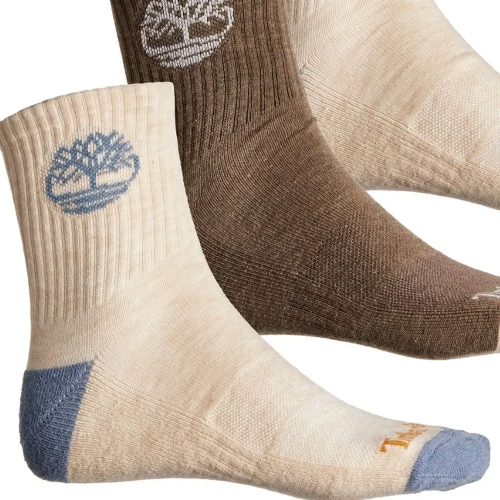 Timberland L Men’s Wool Blend Ivory Brown Basic Hiking Shortie Crew Socks 3-Pk